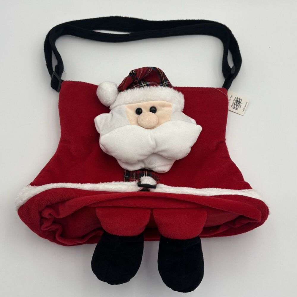 Santa Claus Plush Tote Bag Christmas Purse Shoulder Bag Plaid Holiday NWT
